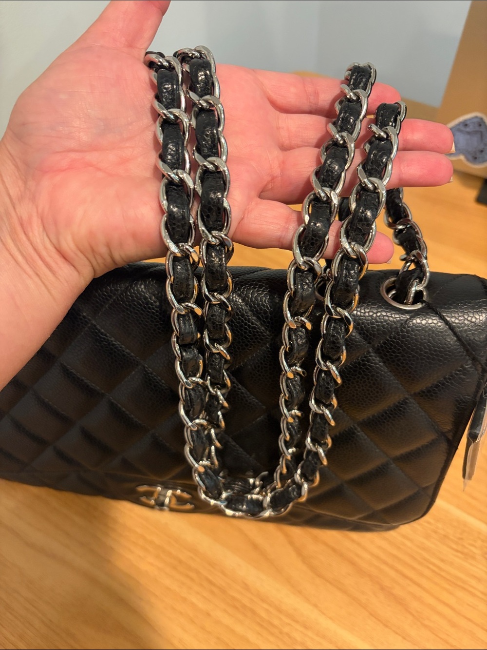 Pre-Loved CHANEL Black Caviar Leather Jumbo Single Flap with Silver Hardware - Picture 9 of 16